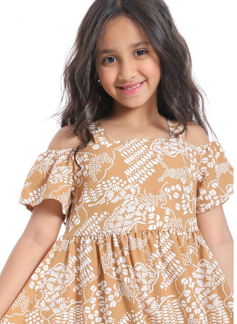 Andora Off-Shoulders Self Pattern Girls Dress_ White & Beige - Image 5