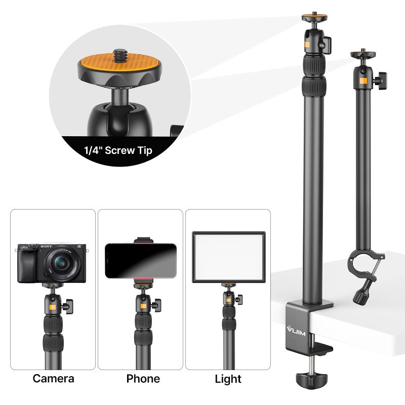 jusmo Camera Desk Mount Table Stand with 2 Auxiliary Holding Arm and Ball Head, 16.1"-33.8" Adjustable Light Stand for DSLR Camera, Ring Light, Live Streaming, Photo Video Overhead Shooting - Image 4