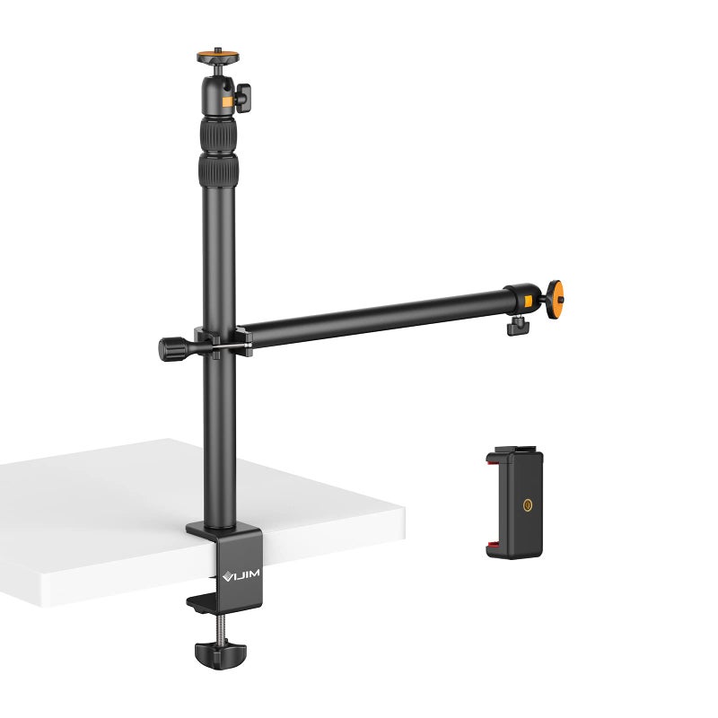 jusmo Camera Desk Mount Table Stand with 2 Auxiliary Holding Arm and Ball Head, 16.1"-33.8" Adjustable Light Stand for DSLR Camera, Ring Light, Live Streaming, Photo Video Overhead Shooting - Image 1