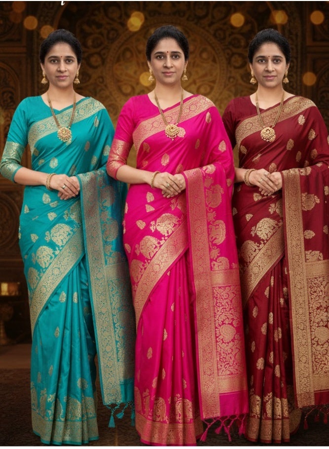 Women's Banarasi Silk Saree with Rich Pallu & Blouse Piece - Perfect for Weddings, Festivals & Parties, SM 9016 Falls and Pico Stitched - Image 2