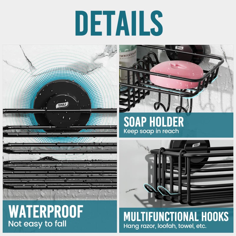 TAILI Shower Caddy Suction Cup 2 Pack with Hooks & Soap holder, Heavy Duty Shower Organizer for Bathroom, No Drilling Bathroom Organizer with Large Capacity, Black Metal Storage Basket - Image 4