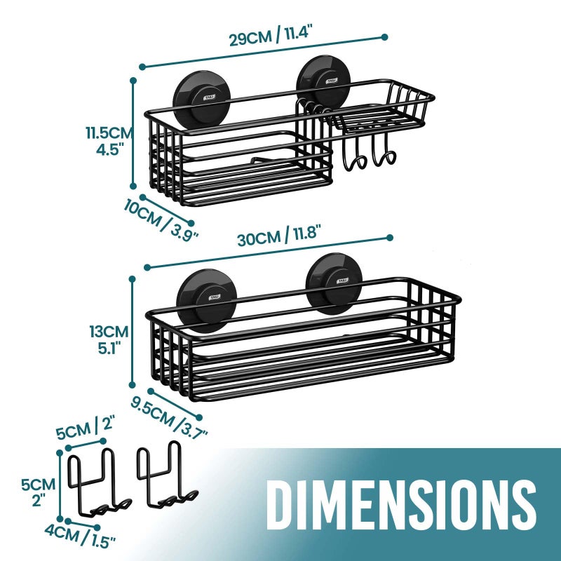 TAILI Shower Caddy Suction Cup 2 Pack with Hooks & Soap holder, Heavy Duty Shower Organizer for Bathroom, No Drilling Bathroom Organizer with Large Capacity, Black Metal Storage Basket - Image 2