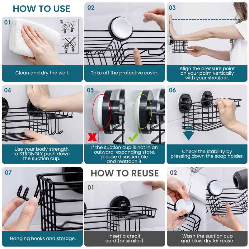 TAILI Shower Caddy Suction Cup 2 Pack with Hooks & Soap holder, Heavy Duty Shower Organizer for Bathroom, No Drilling Bathroom Organizer with Large Capacity, Black Metal Storage Basket - Image 5