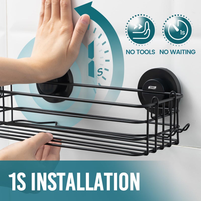 TAILI Shower Caddy Suction Cup 2 Pack with Hooks & Soap holder, Heavy Duty Shower Organizer for Bathroom, No Drilling Bathroom Organizer with Large Capacity, Black Metal Storage Basket - Image 3