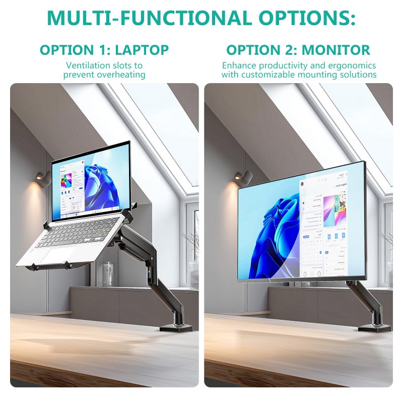 WALI Laptop Desk Mount, 2-in-1 Monitor Mount Fit 17â€ Notebook and 34â€ Monitors, Laptop Stand for Desk Adjustable Height, Gas Spring Monitor Arm with Laptops Holder, Up to 22-26.4lbs(GSMP001LPN), Black - Image 3