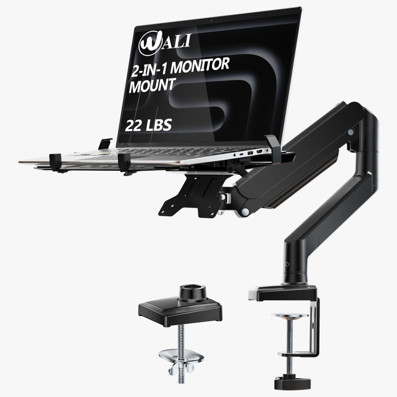 WALI Laptop Desk Mount, 2-in-1 Monitor Mount Fit 17â€ Notebook and 34â€ Monitors, Laptop Stand for Desk Adjustable Height, Gas Spring Monitor Arm with Laptops Holder, Up to 22-26.4lbs(GSMP001LPN), Black - Image 1