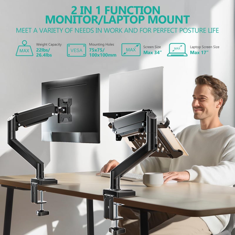 WALI Laptop Desk Mount, 2-in-1 Monitor Mount Fit 17â€ Notebook and 34â€ Monitors, Laptop Stand for Desk Adjustable Height, Gas Spring Monitor Arm with Laptops Holder, Up to 22-26.4lbs(GSMP001LPN), Black - Image 2