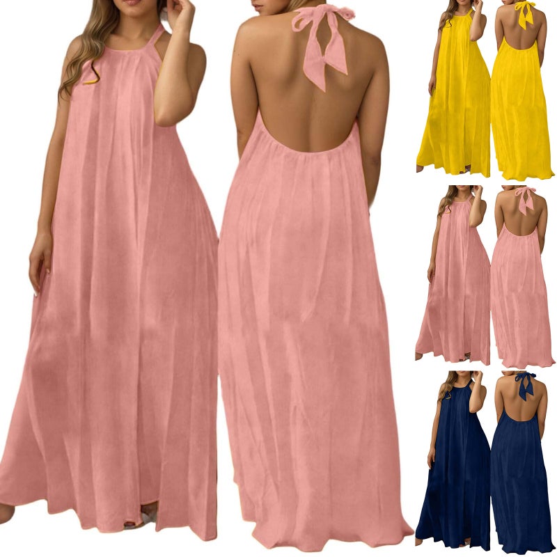 2026 Summer New Arrival Women's Fashion Loose Casual Backless Halterneck Bow Sexy Dress - Image 1