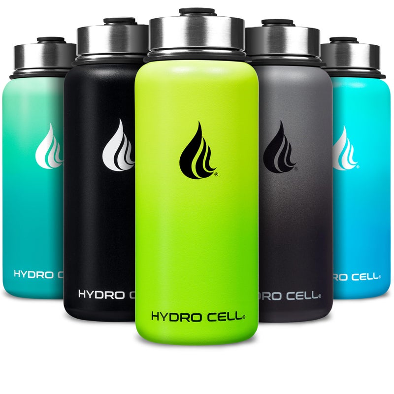 HYDRO CELL Stainless Steel Insulated Water Bottle with Straw For Cold Hot Drinks Metal Vacuum Flask with Screw Cap and Modern Leakproof Sport Thermos for Adults Neon 32oz
