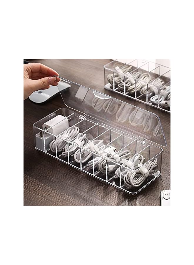 LEHSGY Organizer Storage Box With Lid, LEHSGY Plastic Cable Cord Management Box with 8 Compartments, Desk Accessories Storage Organizer Cable Management Tidy With 10Pcs Rubber Ties - Image 1