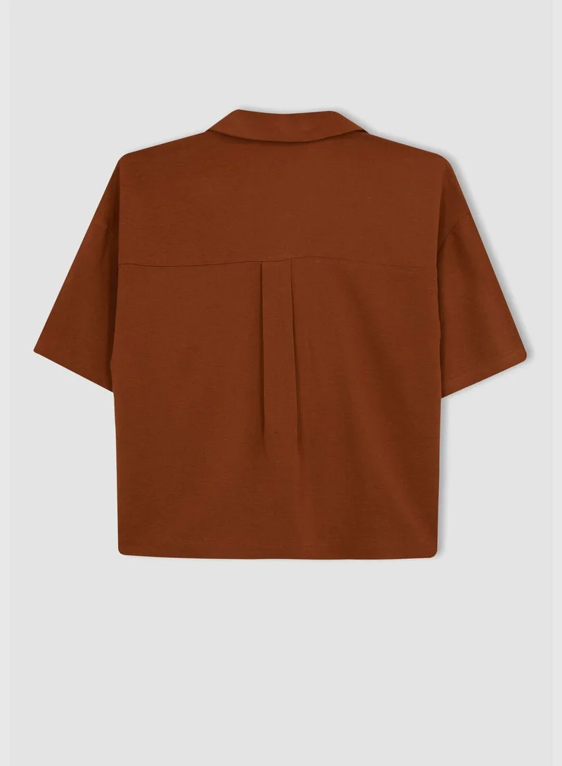 ديفاكتو Relaxed Fit Linen Short Sleeve Shirt With Collar