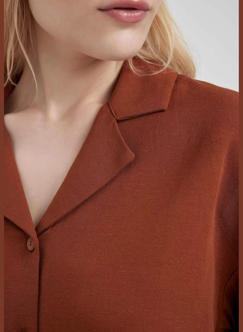 ديفاكتو Relaxed Fit Linen Short Sleeve Shirt With Collar