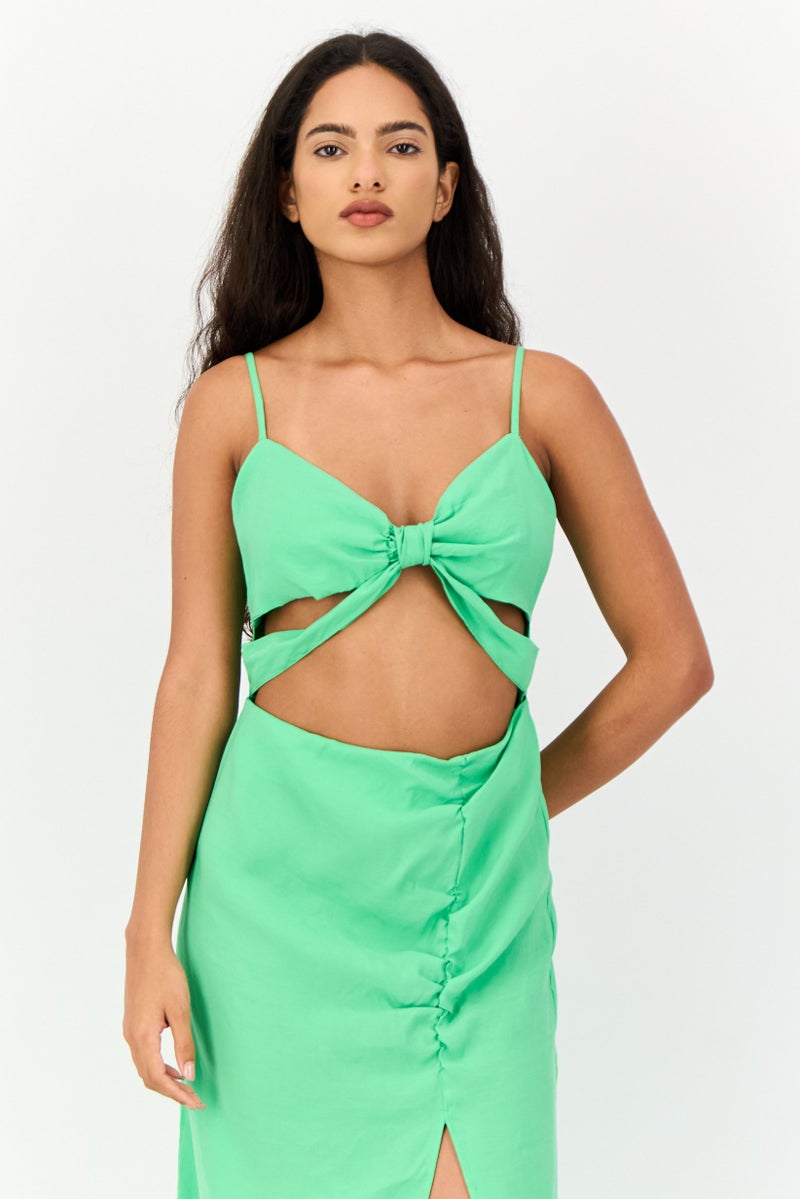 KOTON Women Solid Cutout Midi Dress, Green - Image 4