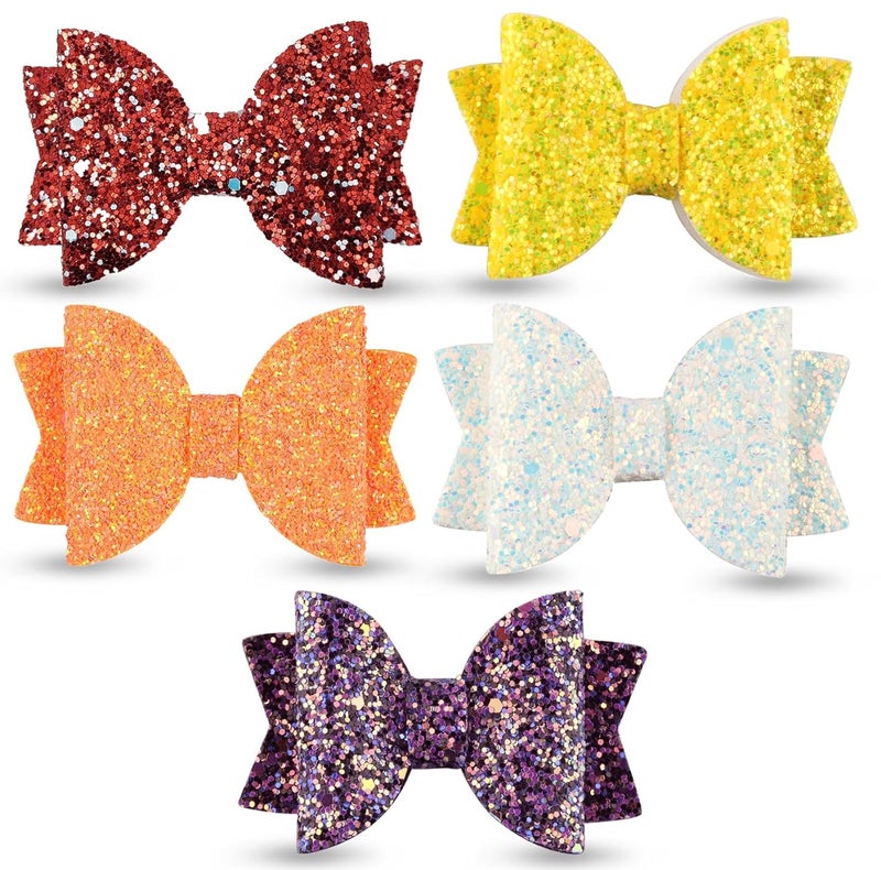 HOMEMATES 5 Pcs Korean Stylish 3.5 Inch Glitter Bows Boutique Hair Clips Multicolor Hair Accessories for Baby Girls, Toddlers, and Teens, Cute Sparkly Clips for Parties and Everyday Wear - Image 1