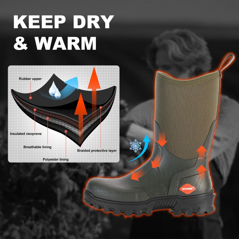 Showave Men's Mid Calf Rubber Work Boots Waterproof Rain Boot Insulated Mud Boots with Comfortable Sports Soles(Green,Size 11) - Image 5