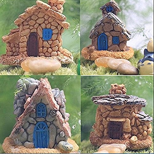 Trasfit 4 Pieces Miniature Fairy Garden Stone House - Mini Fairy Cottage House for Garden & Patio Decoration - Accessories for Home Decoration Outdoor Décor (4 Stone House) - Image 1