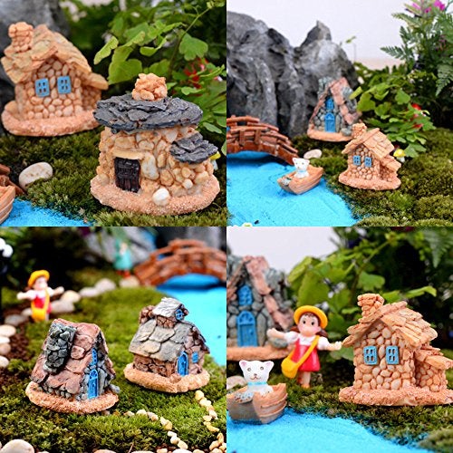 Trasfit 4 Pieces Miniature Fairy Garden Stone House - Mini Fairy Cottage House for Garden & Patio Decoration - Accessories for Home Decoration Outdoor Décor (4 Stone House) - Image 3