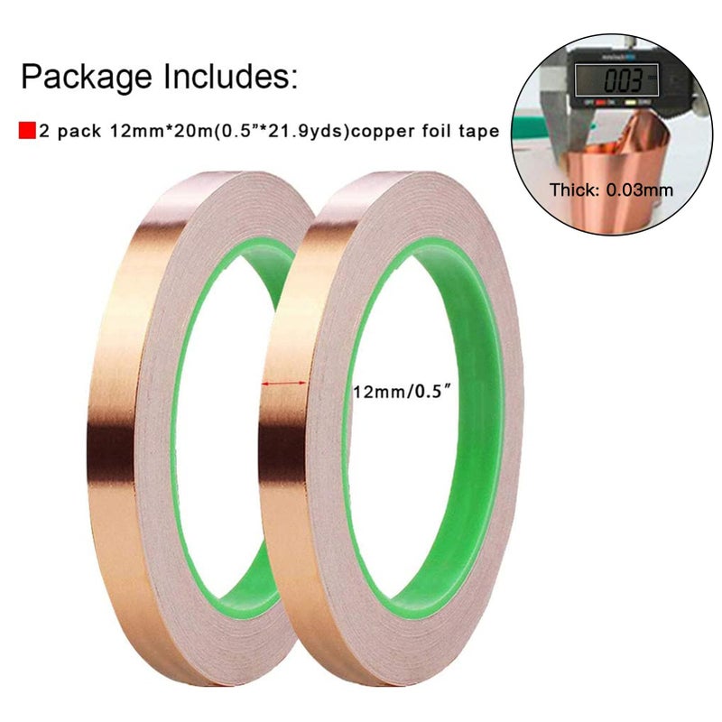 Oubaka 2 Pack Copper Foil Tape,(0.5inch X 66 FT) Double-Sided Conductive Copper Tape with Adhesive for EMI Shielding,Paper Circuits,Electrical Repairs,Grounding - Image 2