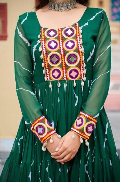 KD Women's Georgette Anarkali Kurta Set, Long Sleeve, Laheriya Floral Print Design with Kutchi Miror Patchwork Real Mirror Work Anarkali kurta Pant set, Calf Length (IN, Alpha, M, Green) - Image 2