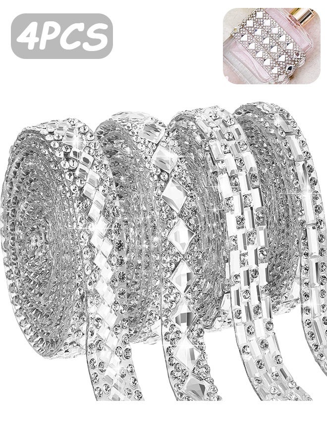 إم إكس إن أشرطة حجر الراين ذاتية اللصق بطول 4 ياردات - 4 أنماط من حجر الراين الماسي بشريط لامع من الراتنج الماسي للملابس المنزلية وحفلات الزفاف وحفلات استقبال المولود الجديد (أبيض، رقيق) - Image 1