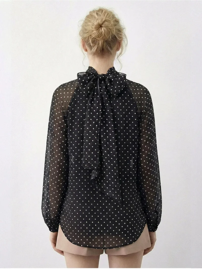 Bianco Lucci Dark Mocha Brown LUCCI Polka Dot Turtleneck Chiffon Blouse for Women | Best Price UAE
