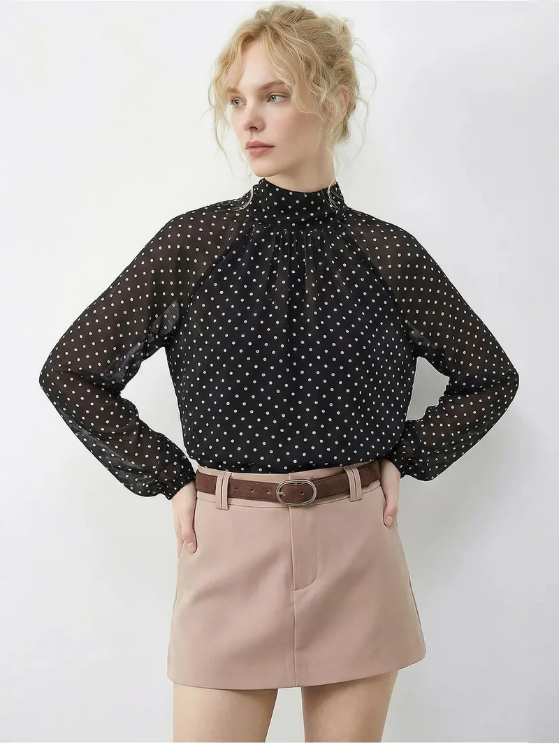 Bianco Lucci Dark Mocha Brown LUCCI Polka Dot Turtleneck Chiffon Blouse for Women | Best Price UAE