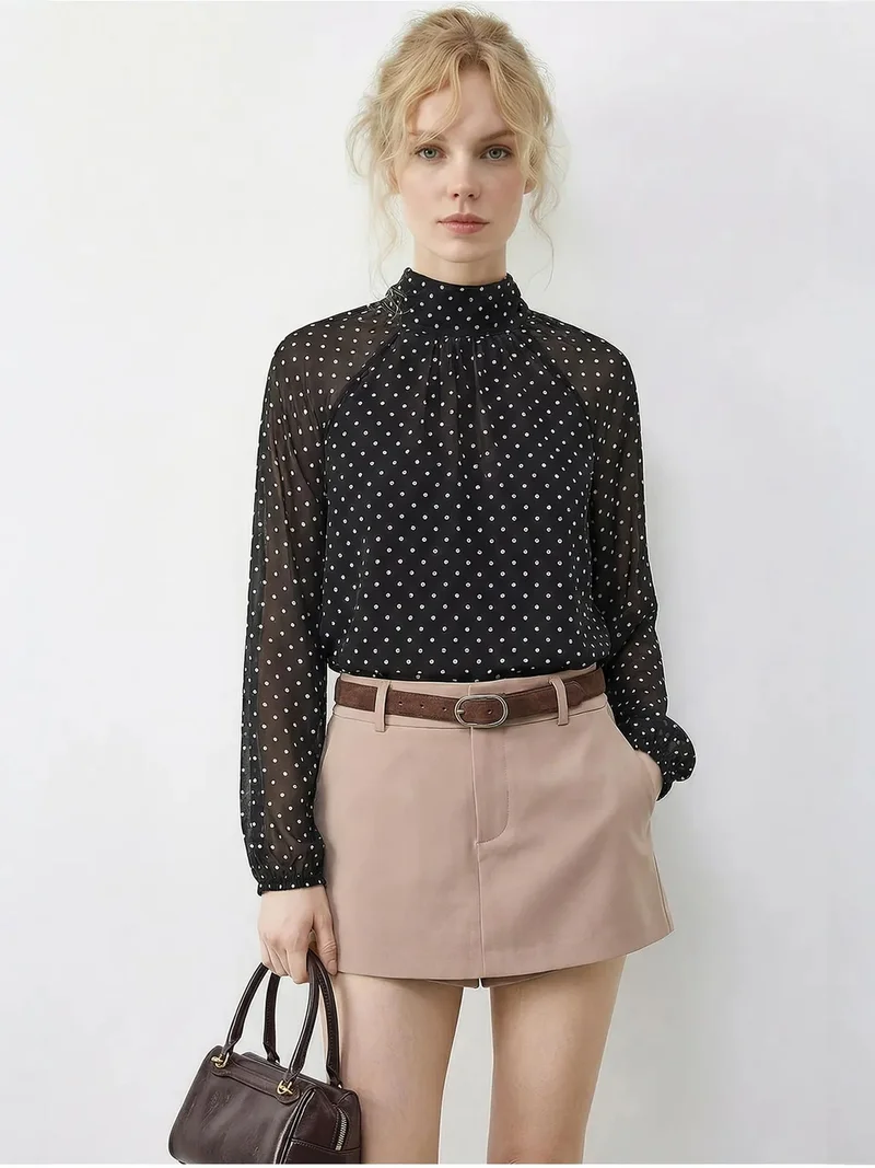 LUCCI Polka Dot Turtleneck Chiffon Blouse