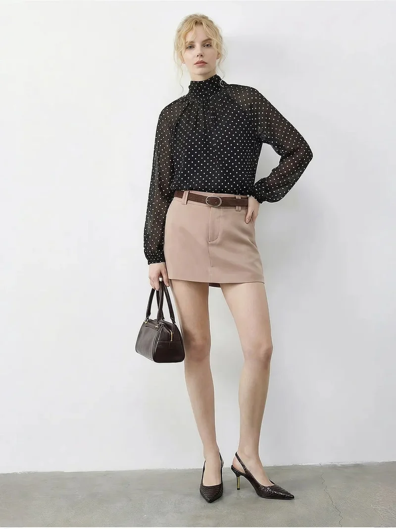 بيانكو لوتشي LUCCI Polka Dot Turtleneck Chiffon Blouse