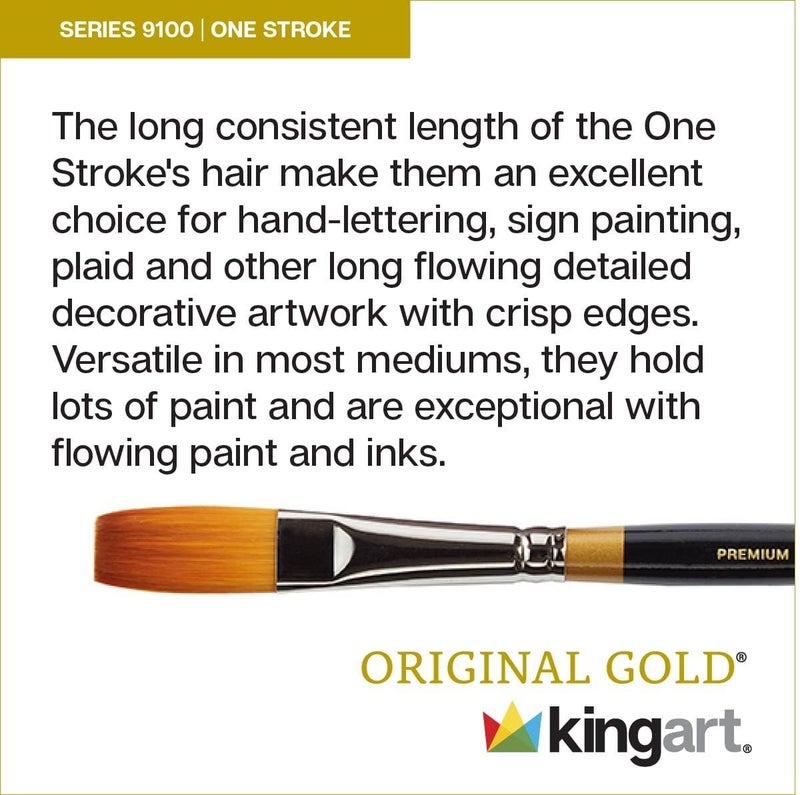 Premium Original Gold 9100-1/4 ONE Stroke Series Artist Brush, Golden Taklon Synthetic Hair, Short Handle, for Acrylic, Watercolor, Oil and Gouache Painting, Size 1/4"