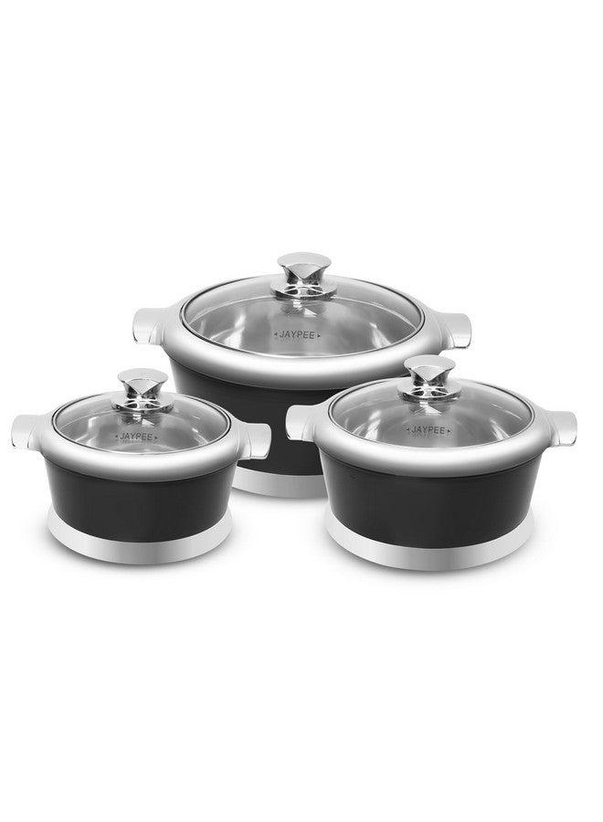 JAYPEE Jazz Serving Set | PU Insulated with Chrome Plated Knob Casserole Set of 3 |Inner Stainless Steel Serving Bowl with Glass Lid (1000+1500+2000 ml) Steel Hot Box, Black - Image 1