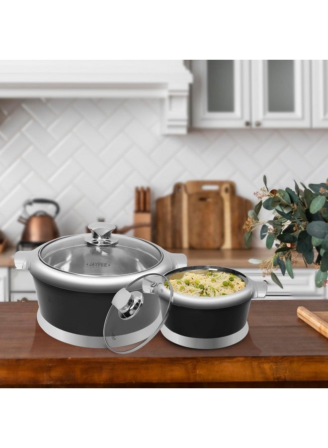 JAYPEE Jazz Serving Set | PU Insulated with Chrome Plated Knob Casserole Set of 3 |Inner Stainless Steel Serving Bowl with Glass Lid (1000+1500+2000 ml) Steel Hot Box, Black - Image 2