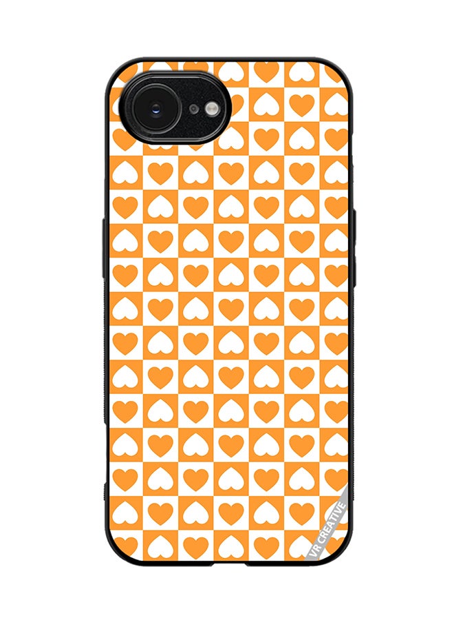 Protective Case Cover For Apple iPhone 16e Seamless Pattern With White And Orange Checkerboard And Hearts Design Multicolour