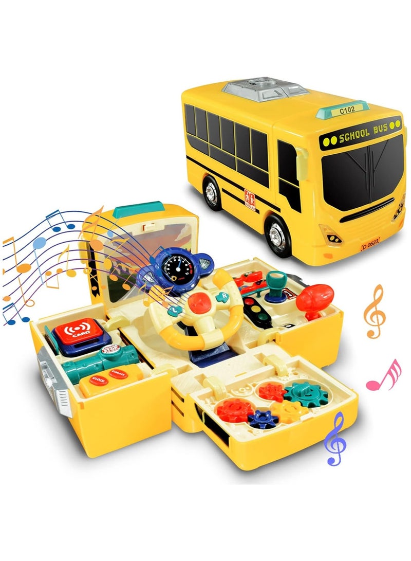 MarlaMall لعبة حافلة مدرسية، محاكاة عجلة القيادة، ألعاب حافلات موسيقية مع أضواء وأغاني، سيارة تعليمية للألغاز، هدية عيد ميلاد للأطفال في مرحلة ما قبل المدرسة، الأولاد والبنات من عمر 3-10 (أصفر) - Image 1