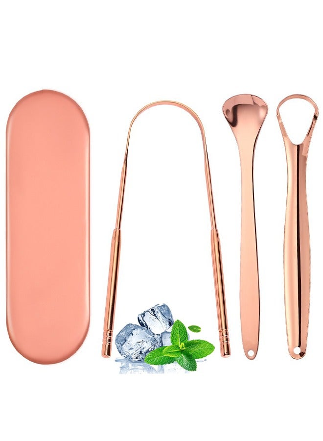HS Tongue Scraper Tongue Cleaner Stainless Steel Tongue Scrapers With Travel Case For Oral Cleaning, Professional Tongue Cleaners For Fresher Breath (3 Shapes Tongue Scrapers, Rose Gold) - Image 1