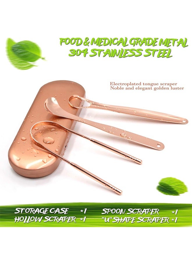 HS Tongue Scraper Tongue Cleaner Stainless Steel Tongue Scrapers With Travel Case For Oral Cleaning, Professional Tongue Cleaners For Fresher Breath (3 Shapes Tongue Scrapers, Rose Gold) - Image 2