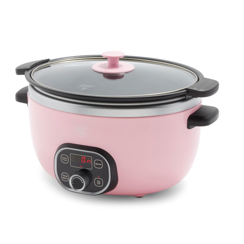 GreenLife 6QT Slow Cooker, Non-Toxic PFAS-Free Ceramic Nonstick Removable Interior Bowl, Programmable, Family Friendly, Keep Warm, Stovetop & Oven Safe, Dishwasher Safe Crock, Timer, Glass Lid, Pink - Image 1