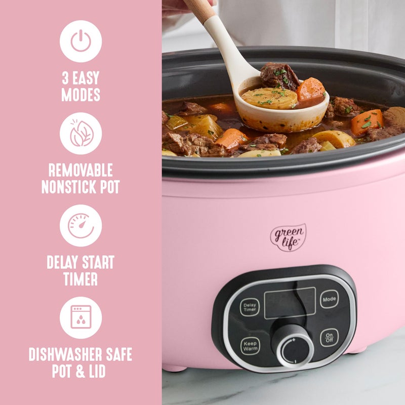 GreenLife 6QT Slow Cooker, Non-Toxic PFAS-Free Ceramic Nonstick Removable Interior Bowl, Programmable, Family Friendly, Keep Warm, Stovetop & Oven Safe, Dishwasher Safe Crock, Timer, Glass Lid, Pink - Image 4
