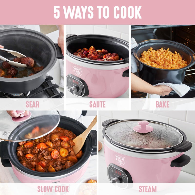 GreenLife 6QT Slow Cooker, Non-Toxic PFAS-Free Ceramic Nonstick Removable Interior Bowl, Programmable, Family Friendly, Keep Warm, Stovetop & Oven Safe, Dishwasher Safe Crock, Timer, Glass Lid, Pink - Image 3