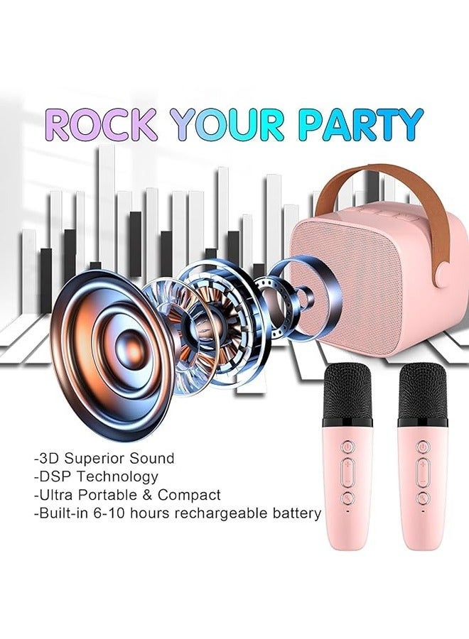 KIIUMI Mini Karaoke Machine, Portable Bluetooth Speaker, with 2 Wireless Microphones, with Led Colorful Lights, Pink - Image 4