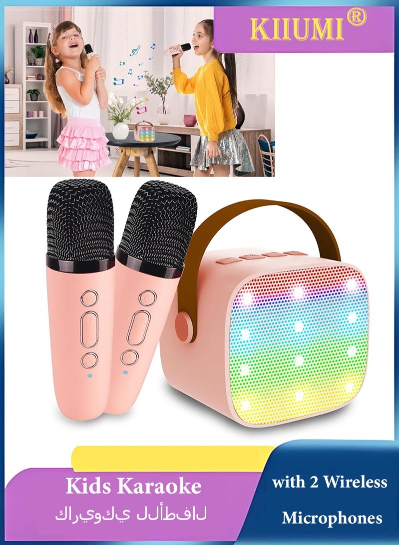 KIIUMI Mini Karaoke Machine, Portable Bluetooth Speaker, with 2 Wireless Microphones, with Led Colorful Lights, Pink - Image 1