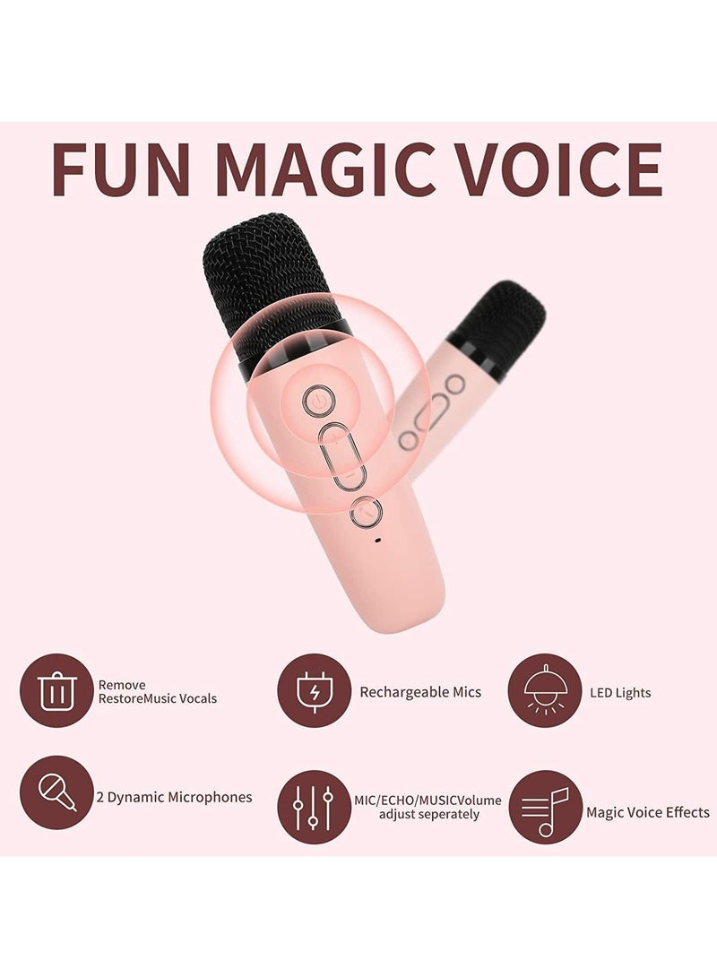 KIIUMI Mini Karaoke Machine, Portable Bluetooth Speaker, with 2 Wireless Microphones, with Led Colorful Lights, Pink - Image 5