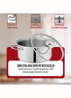 SONEX SONEX Mega Super Pot, 30 cm (9.7 Ltr) Stainless Steel Cooking Pot/Casserole – Durable Handles, Glass Lid, Sandwich Bottom for Even Heating, Sleek Modern Design for Efficient and Stylish Cooking  - Image 3
