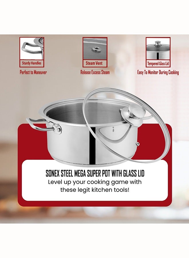 SONEX SONEX Mega Super Pot, 30 cm (9.7 Ltr) Stainless Steel Cooking Pot/Casserole – Durable Handles, Glass Lid, Sandwich Bottom for Even Heating, Sleek Modern Design for Efficient and Stylish Cooking  - Image 3