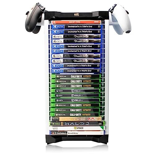ADZ Universal Game Holder – 23 Game Storage Tower Rack for PS2 PS3 PS4 PS5 PSP Xbox 360 Xbox One Series X Wii Switch Games DVD and Blu-Ray Disks. Includes 2 Controller Mounts - Image 2