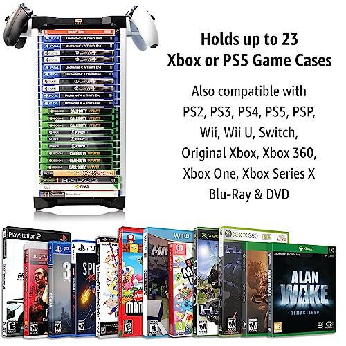 ADZ Universal Game Holder – 23 Game Storage Tower Rack for PS2 PS3 PS4 PS5 PSP Xbox 360 Xbox One Series X Wii Switch Games DVD and Blu-Ray Disks. Includes 2 Controller Mounts - Image 3
