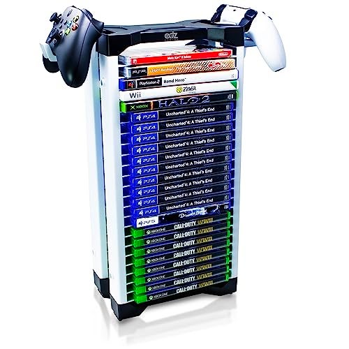 ADZ Universal Game Holder – 23 Game Storage Tower Rack for PS2 PS3 PS4 PS5 PSP Xbox 360 Xbox One Series X Wii Switch Games DVD and Blu-Ray Disks. Includes 2 Controller Mounts - Image 1