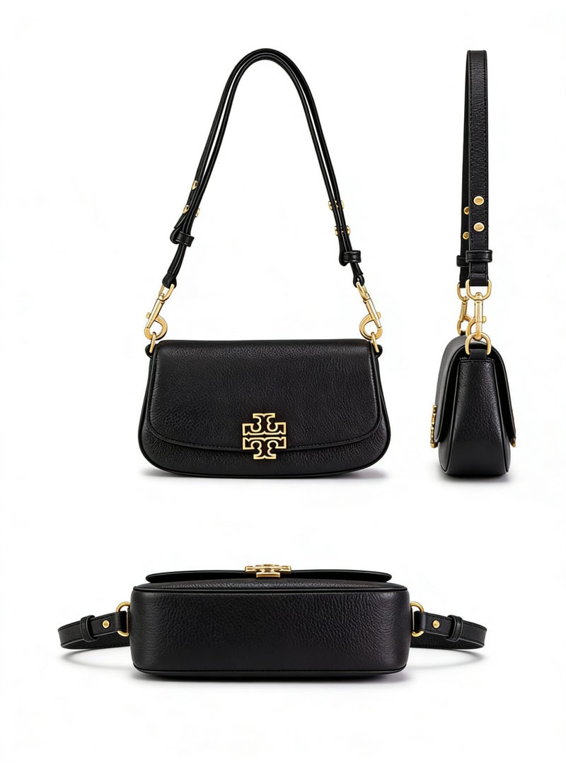 Burch Black Leather Miller Convertible Bag - Iconic Gold Double-T Logo, Multi-Way Strap Design, Compact Flap Style, Luxury Crossbody/Shoulder Bag for Daily & Formal Occasions - Image 3