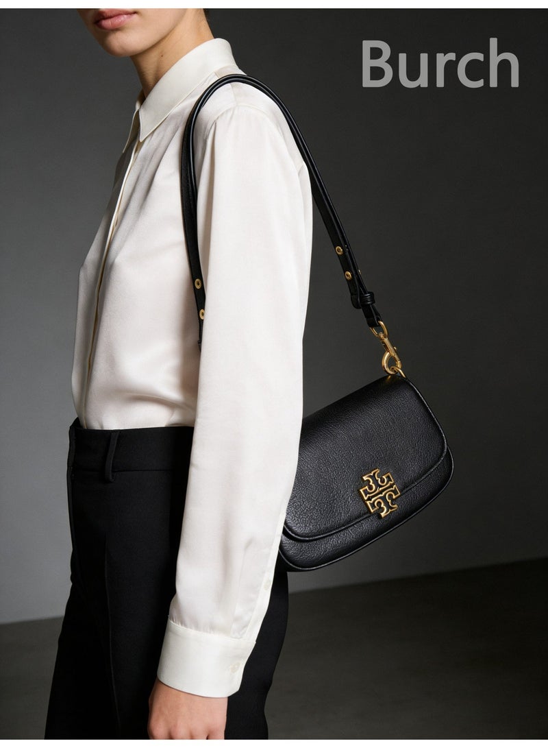 Burch Black Leather Miller Convertible Bag - Iconic Gold Double-T Logo, Multi-Way Strap Design, Compact Flap Style, Luxury Crossbody/Shoulder Bag for Daily & Formal Occasions - Image 2