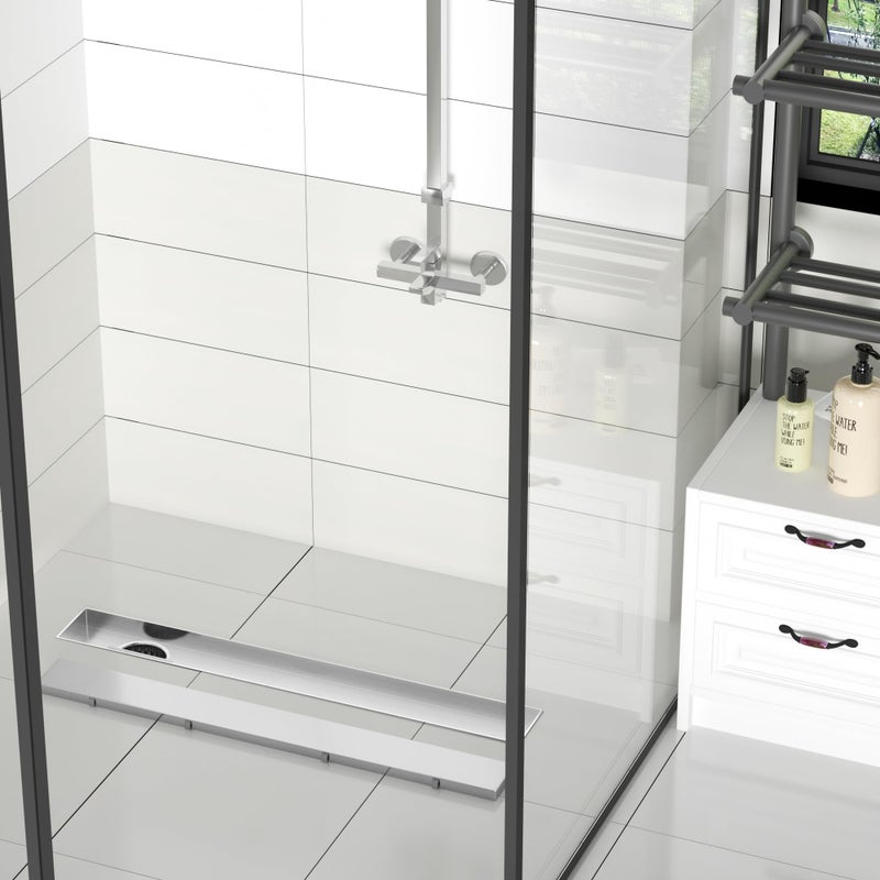 Neodrain مصرف دش خطي بزاوية 24 بوصة مع غطاء شبكة إدخال بلاط، من الفولاذ المقاوم للصدأ 304 مصقول، مصرف دش أرضي مستطيل بمخرج جانبي، قدم قابلة للتعديل، مصيدة شعر - Image 3