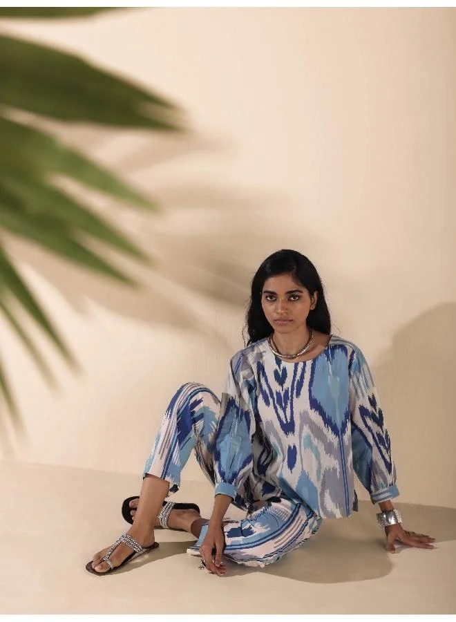 trueBrowns trueBrowns Blue Cotton Ikat Short Co-ord Set
